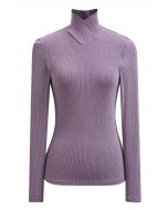 Faux-Wrap Mock Neck Long-Sleeve Top in Lavender