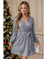 Glitter Glow Tie-Waist Wrap Mini Dress in Grey