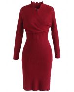 Cafe Time Wavy Wrap Knit Dress in Red