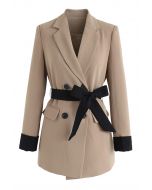 Self-Tied Bowknot Double-Breasted Blazer in Tan