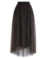 Leopard Printed Double-Layered Mesh Tulle Pleated Skirt 