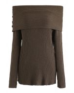 Off-Shoulder Ribbed Knit Sweater in Brown