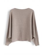Boat Neck Batwing Sleeves Knit Top in Taupe