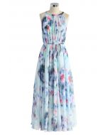 Tranquil Blue Watercolor Floral Maxi Slip Dress