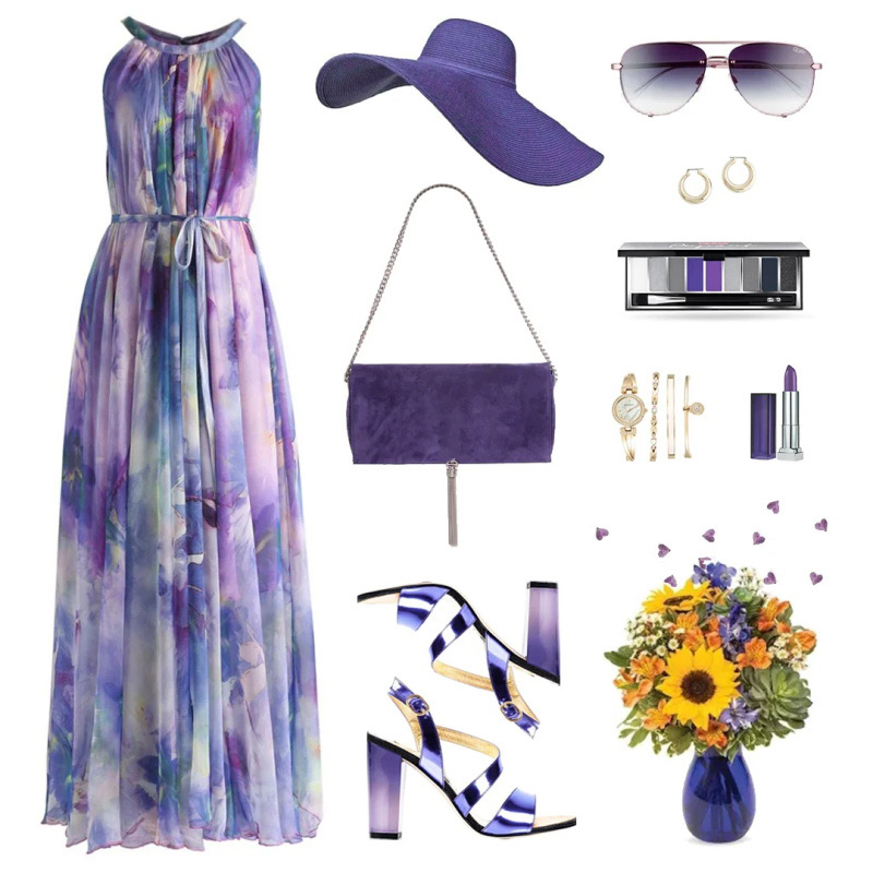 Floral Watercolor Maxi Slip Dress in Violet - Retro, Indie and